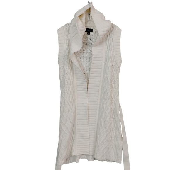 Sonoma Cable Knit Cardigan Size Medium Cream Hooded Sleeveless Tie At Waist - Picture 6 of 10
